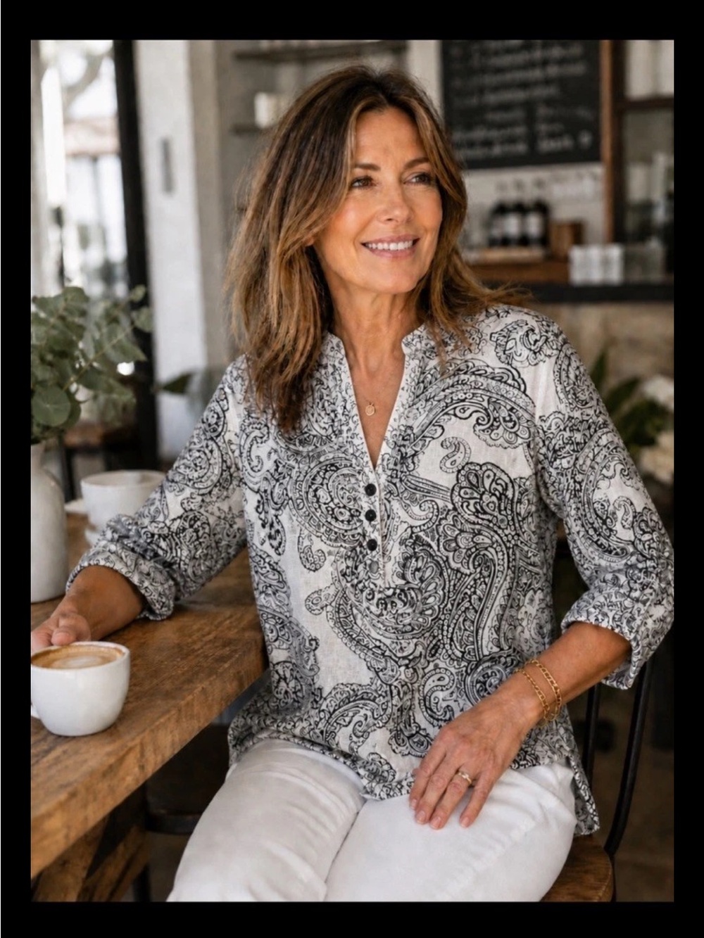 Tweeds Black & White Paisley Henley 100% Linen Tunic
